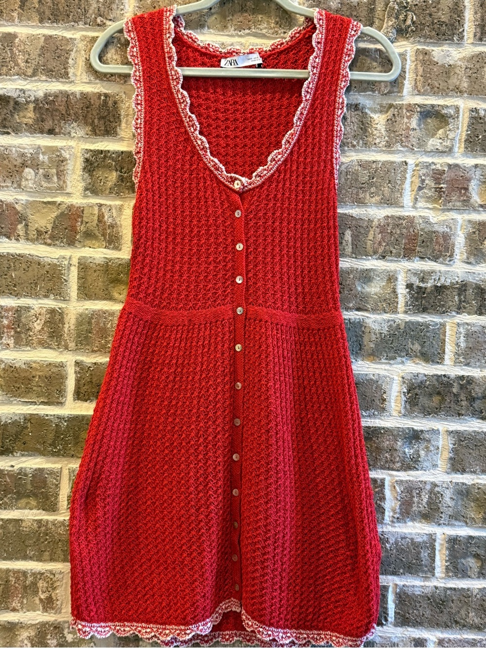 Zara Red Crochet Mini Dress with White Trim